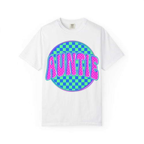 Auntie Checkerboard T-Shirt — Retro Neon 'AUNTIE' Graphic Tee