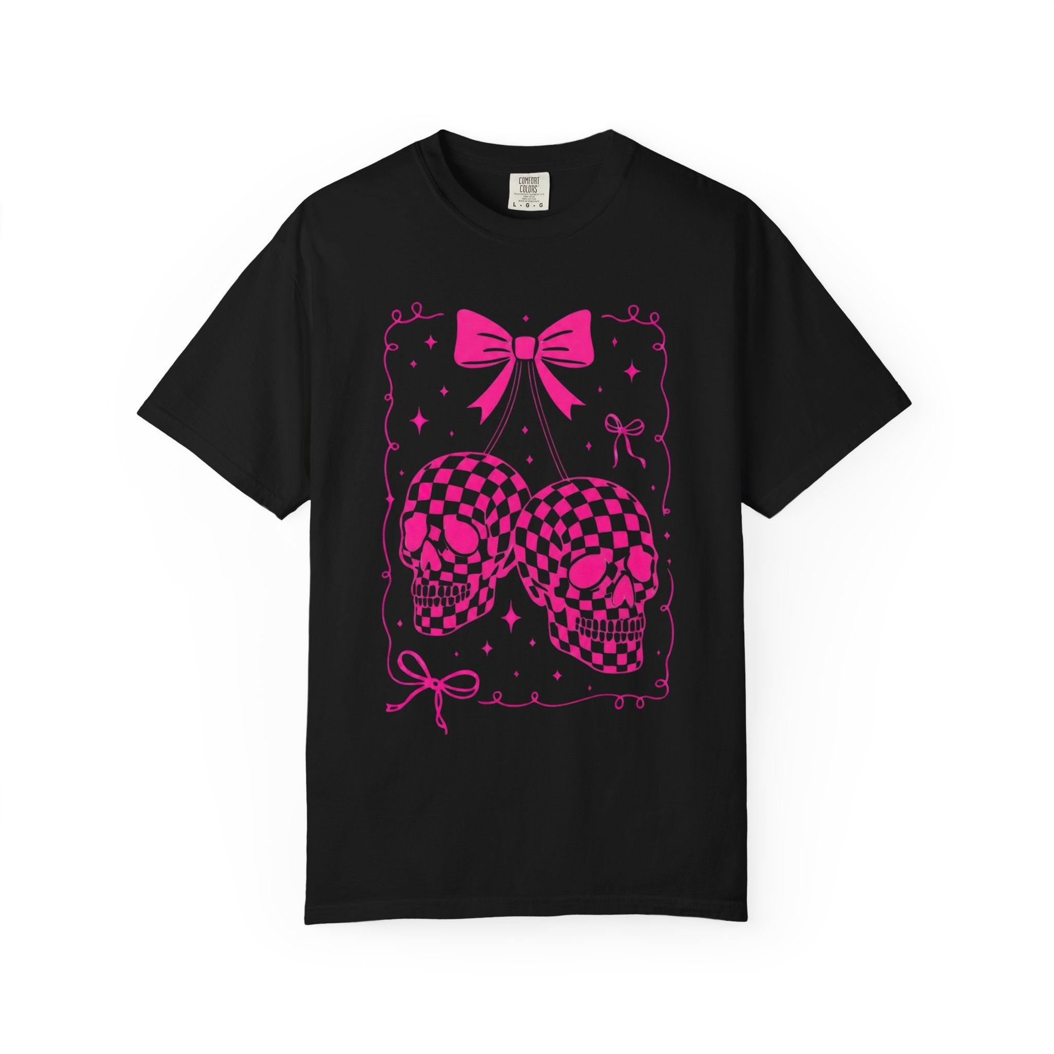 Skull Bow T-Shirt — Pink Checker Skull Graphic Tee