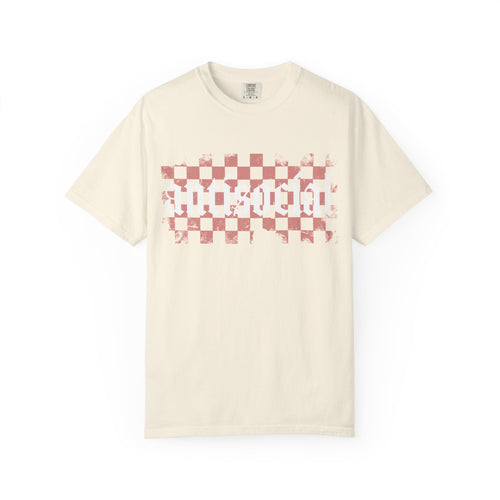 Checkerboard Vintage T-Shirt — Faded Red 'AMERICAN' Graphic