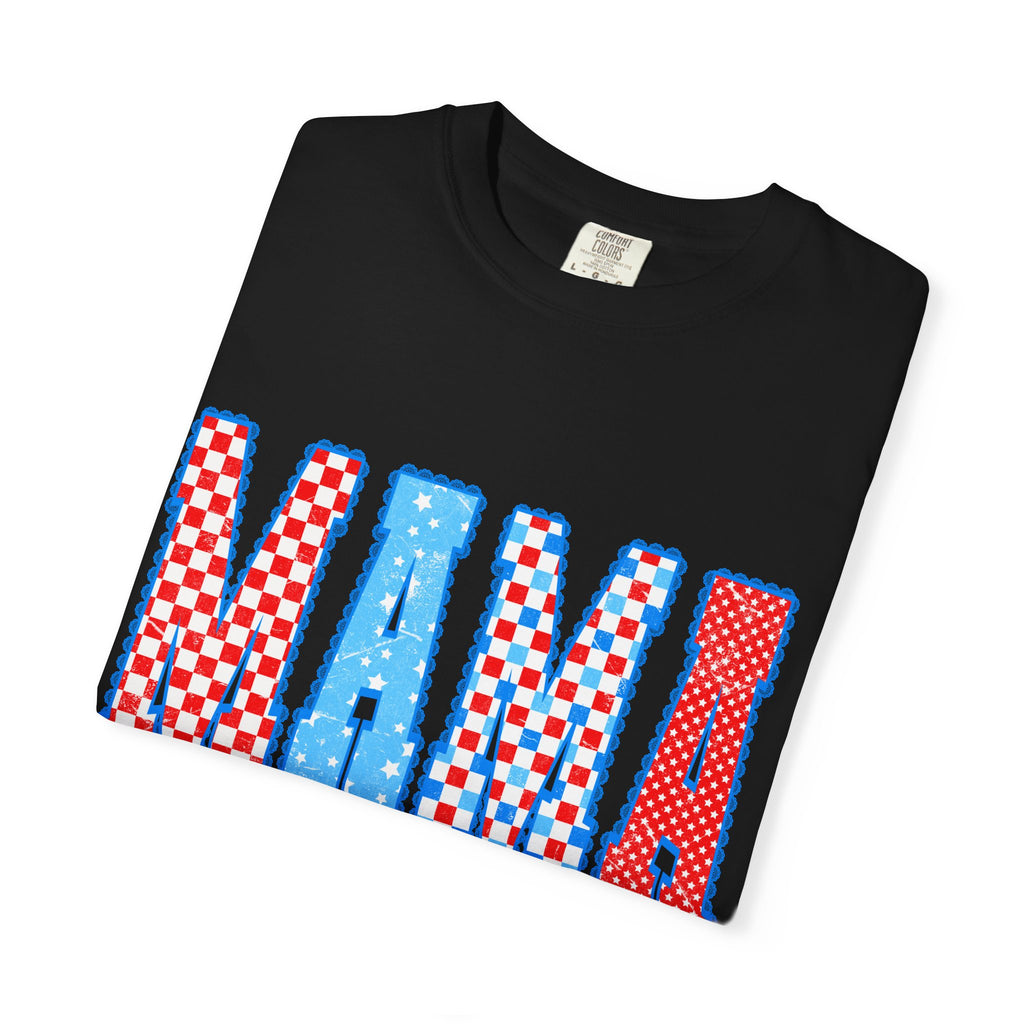 Mama Graphic T-Shirt — Retro Checkered Red & Blue Mom Tee