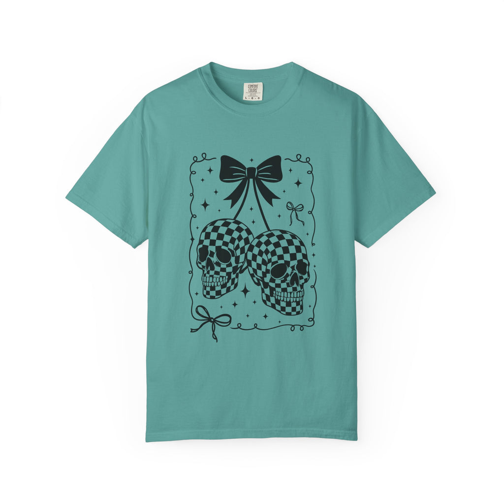 Skull Bow T-Shirt — Checkerboard Twin Skulls Graphic Tee