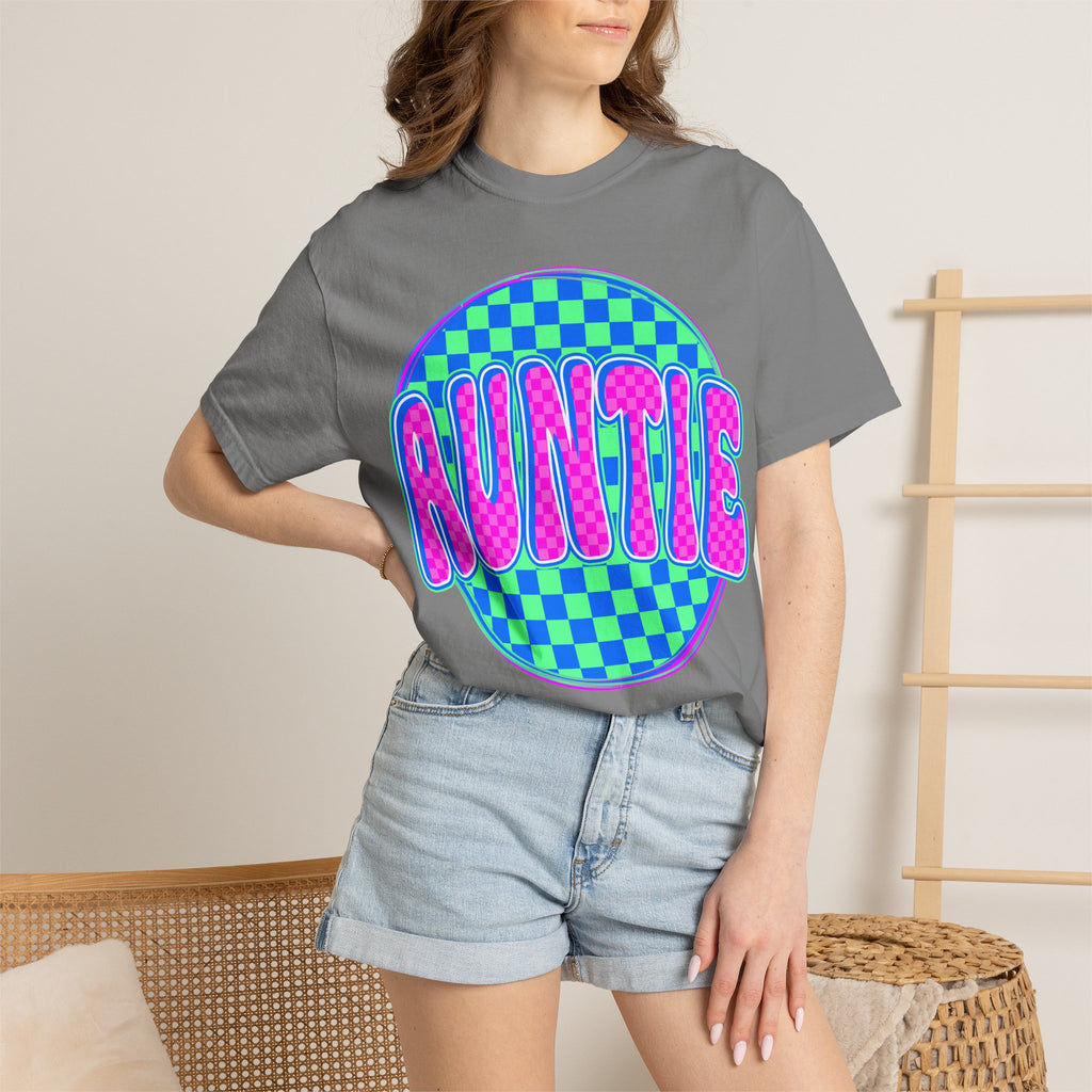 Auntie Checkerboard T-Shirt — Retro Neon 'AUNTIE' Graphic Tee