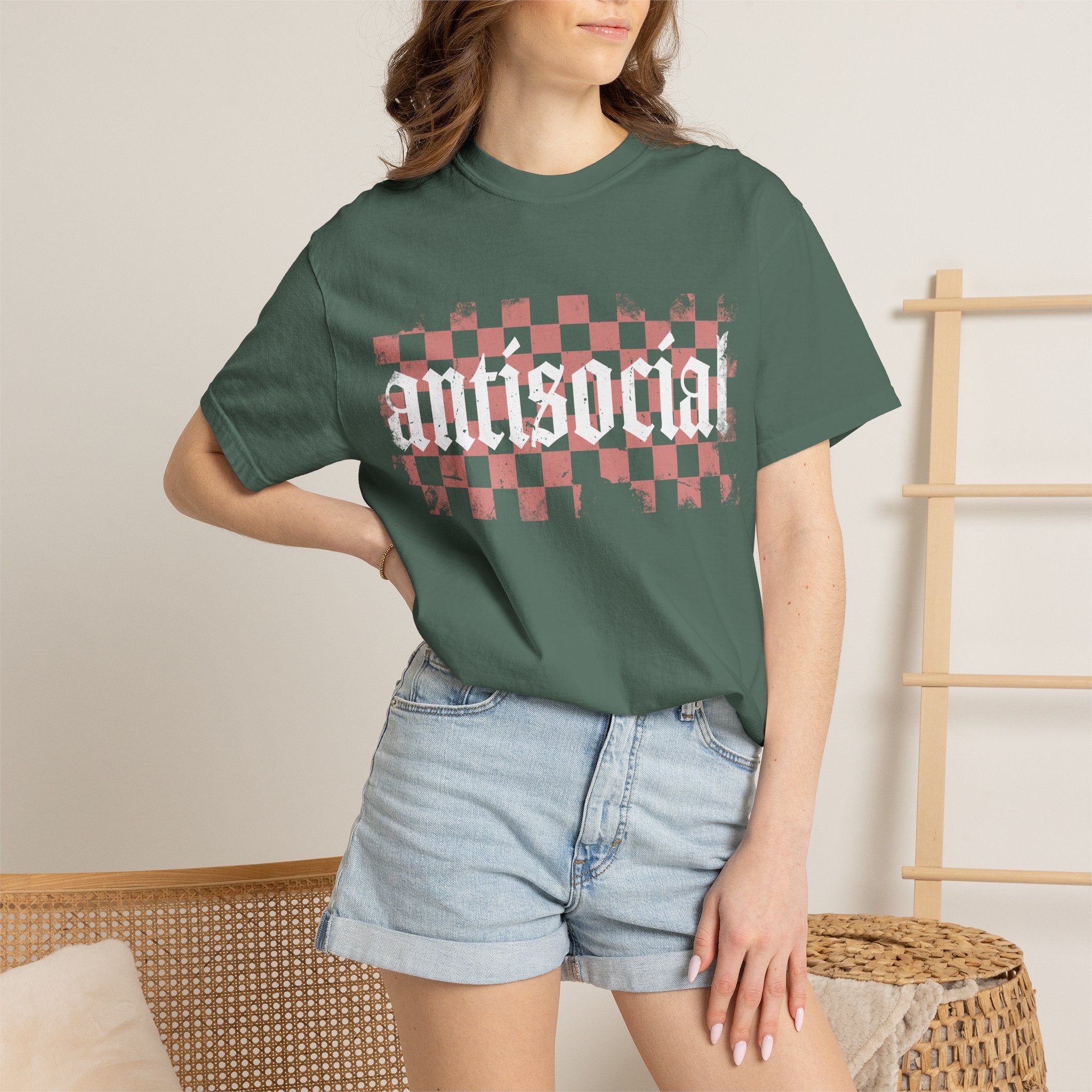 Checkerboard Vintage T-Shirt — Faded Red 'AMERICAN' Graphic