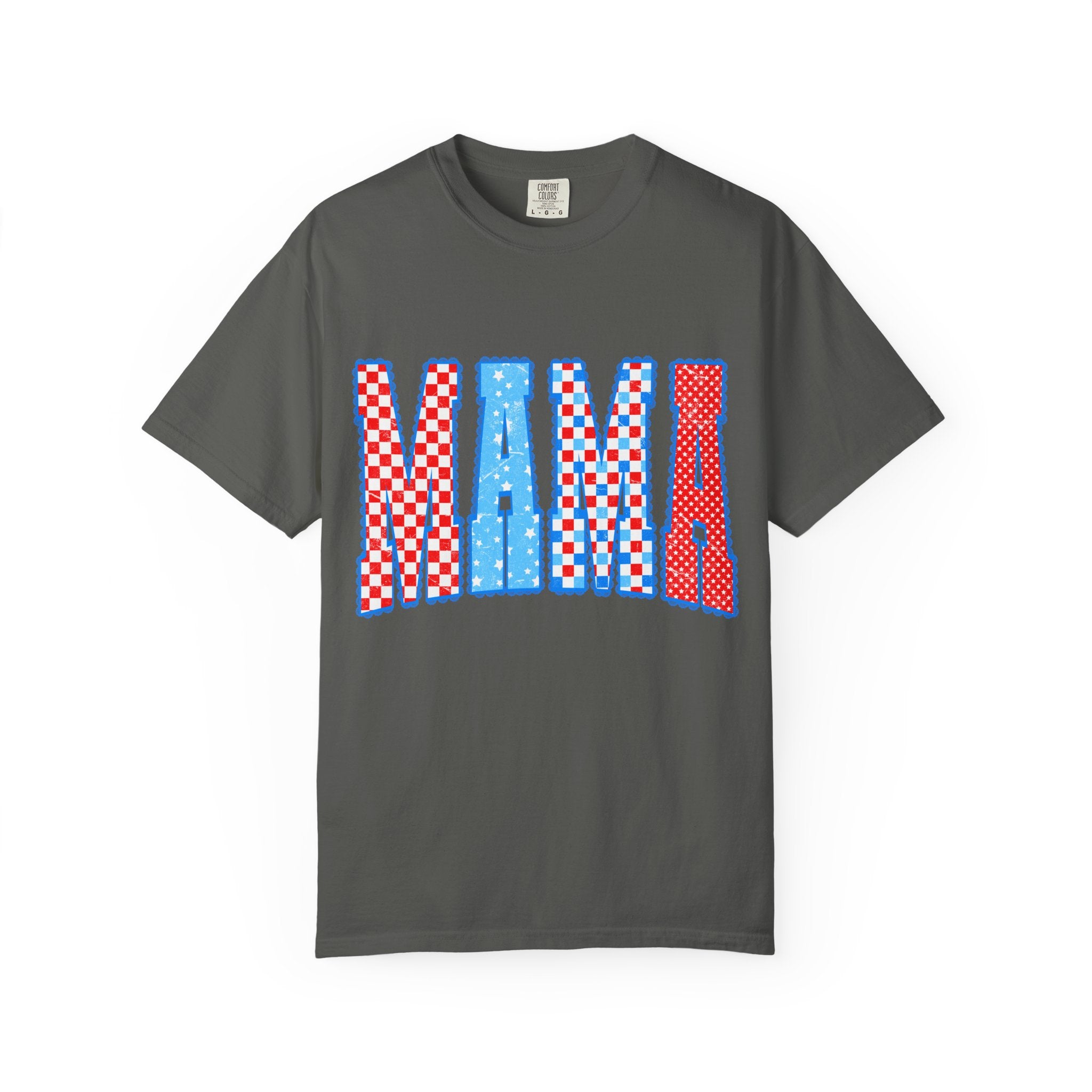 Mama Graphic T-Shirt — Retro Checkered Red & Blue Mom Tee