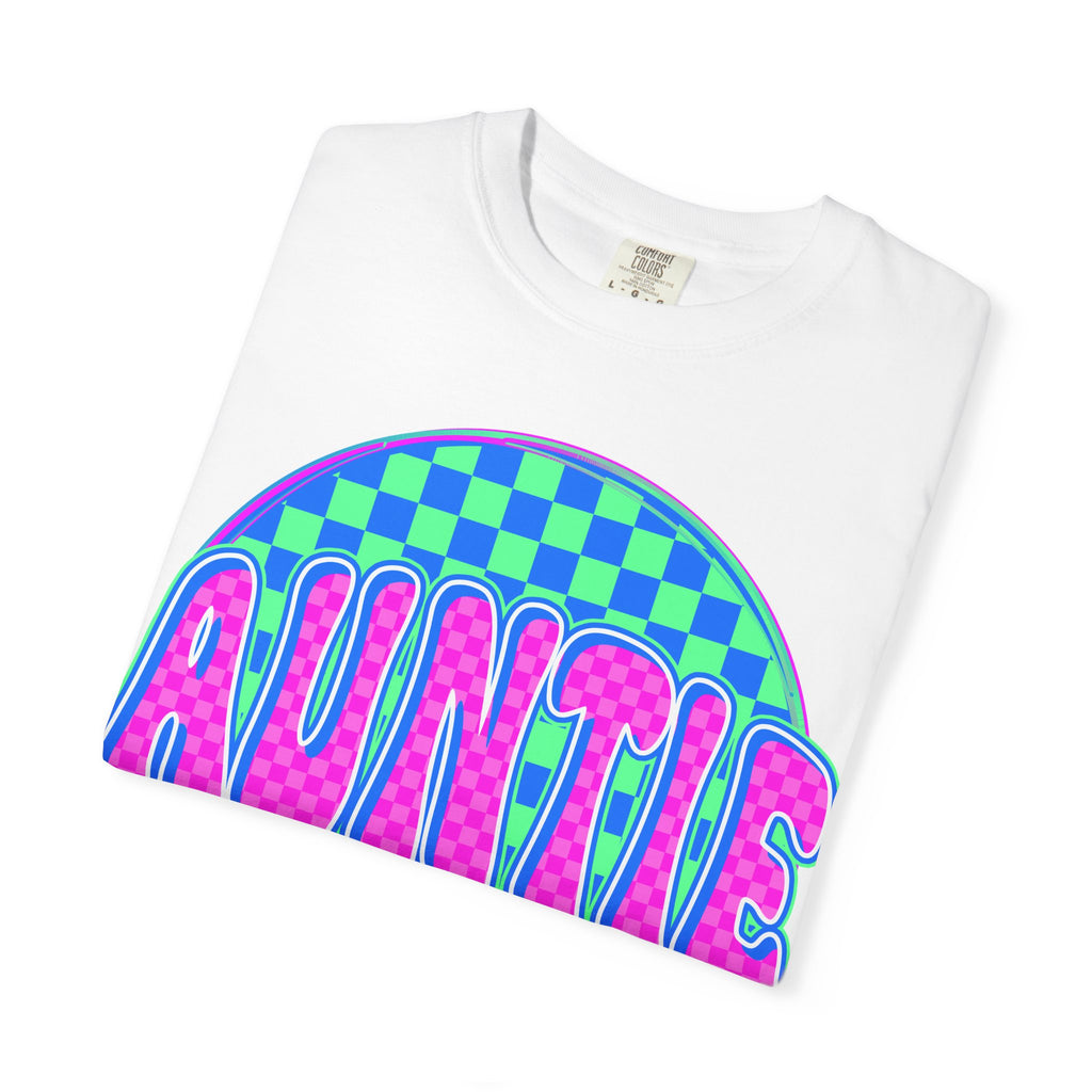 Auntie Checkerboard T-Shirt — Retro Neon 'AUNTIE' Graphic Tee