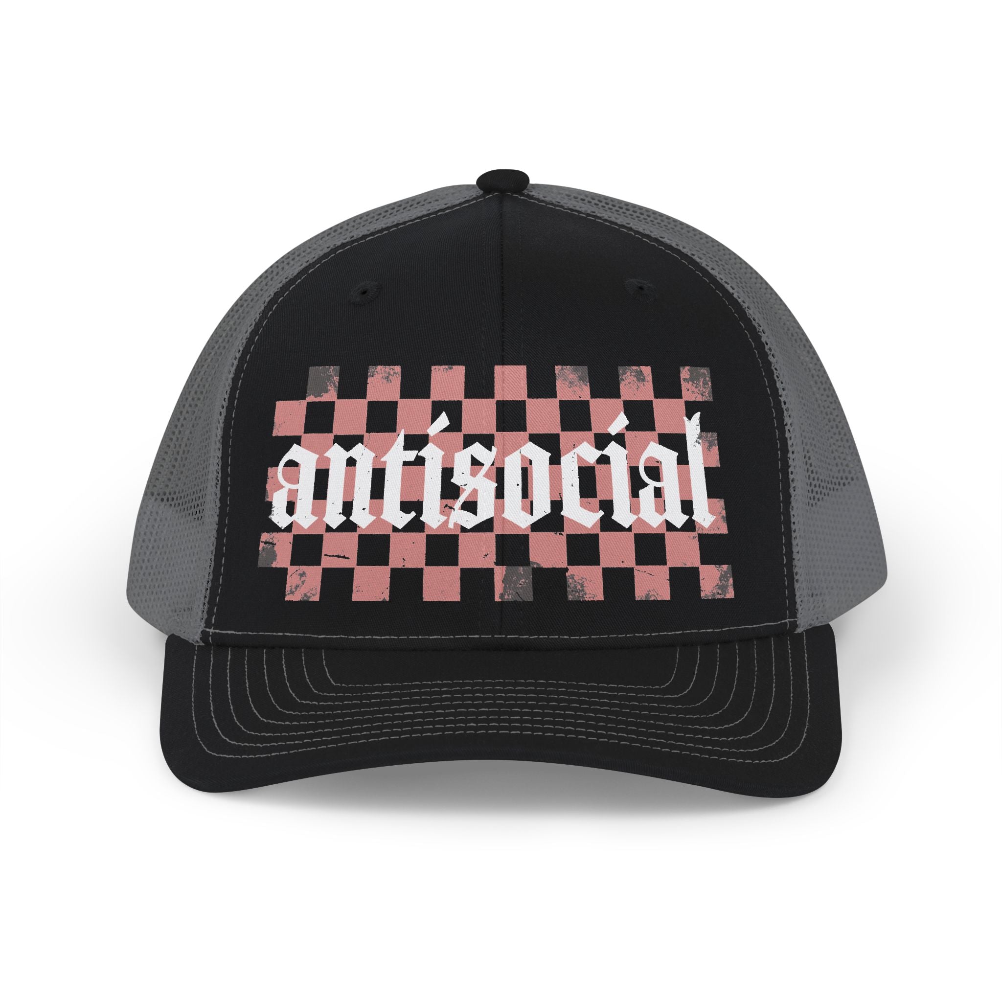 Antisocial Checkerboard Snapback Trucker Cap — Edgy Pink & Black Mesh Hat