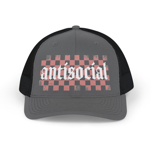Antisocial Checkerboard Snapback Trucker Cap — Edgy Pink & Black Mesh Hat