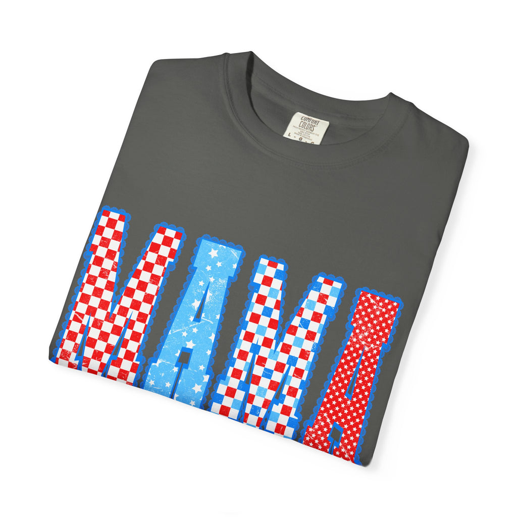Mama Graphic T-Shirt — Retro Checkered Red & Blue Mom Tee
