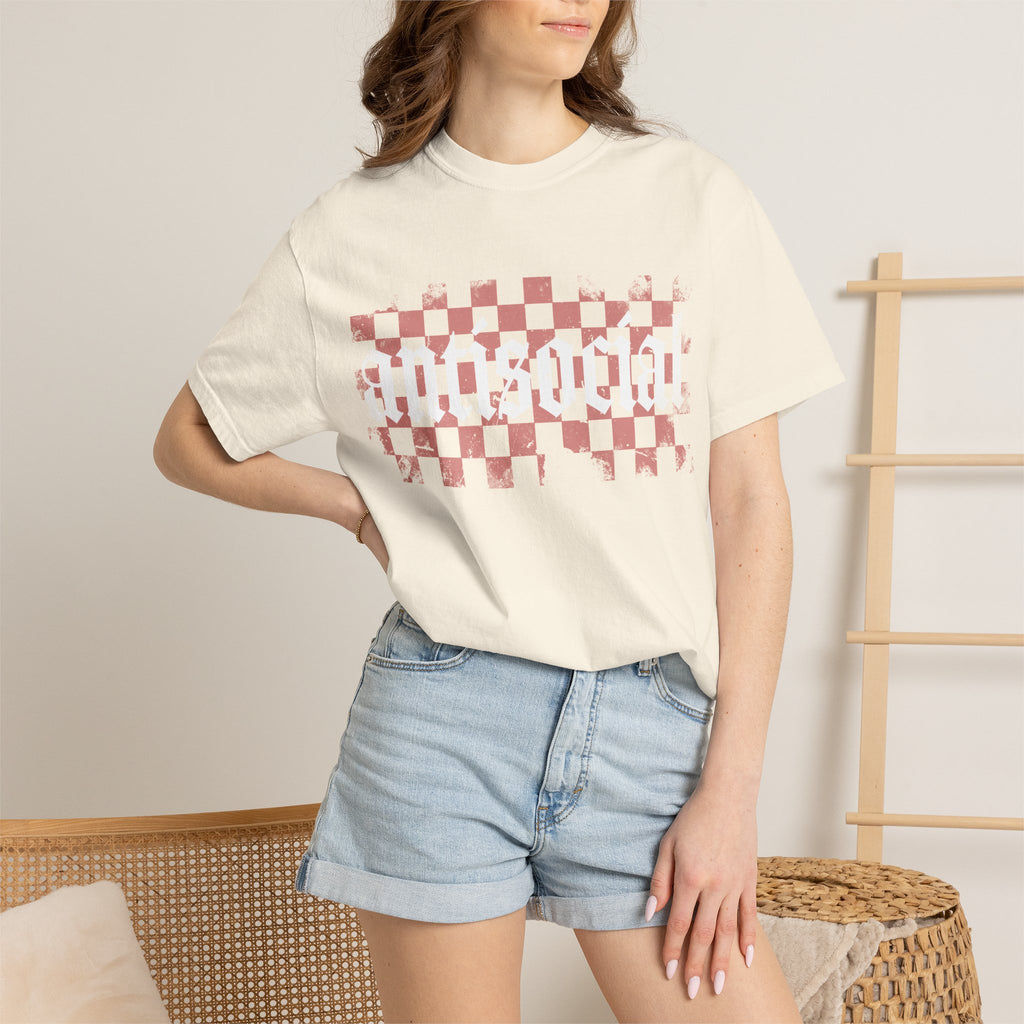 Checkerboard Vintage T-Shirt — Faded Red 'AMERICAN' Graphic
