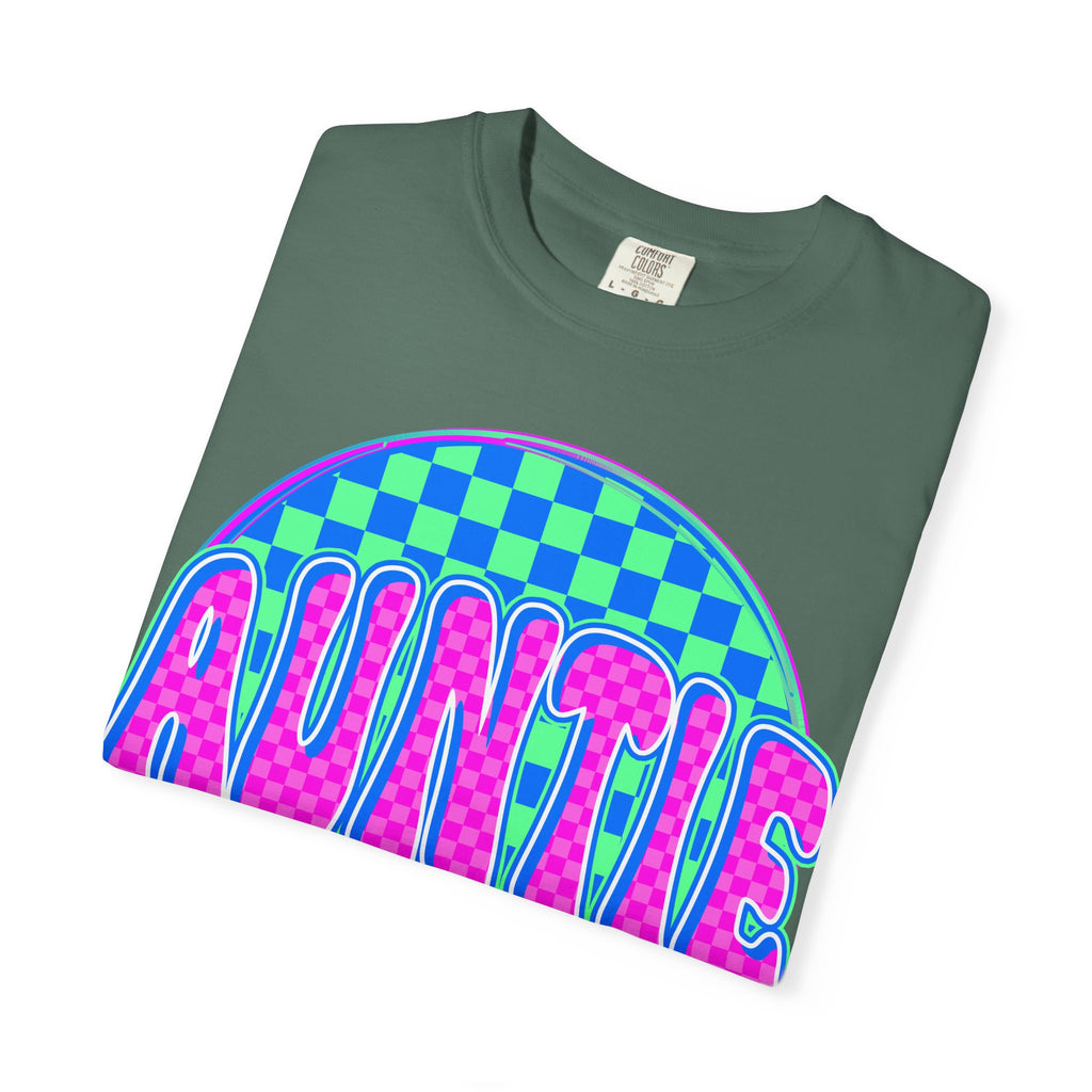 Auntie Checkerboard T-Shirt — Retro Neon 'AUNTIE' Graphic Tee