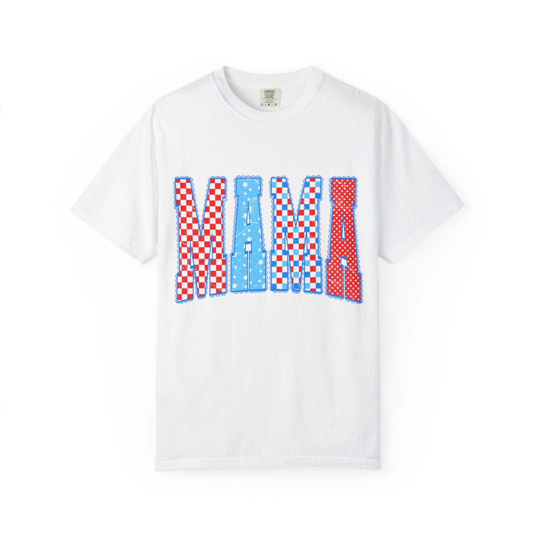 Mama Graphic T-Shirt — Retro Checkered Red & Blue Mom Tee