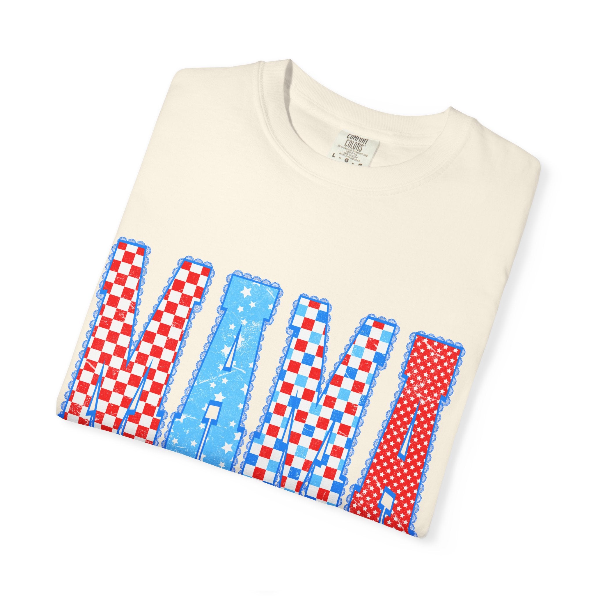 Mama Graphic T-Shirt — Retro Checkered Red & Blue Mom Tee