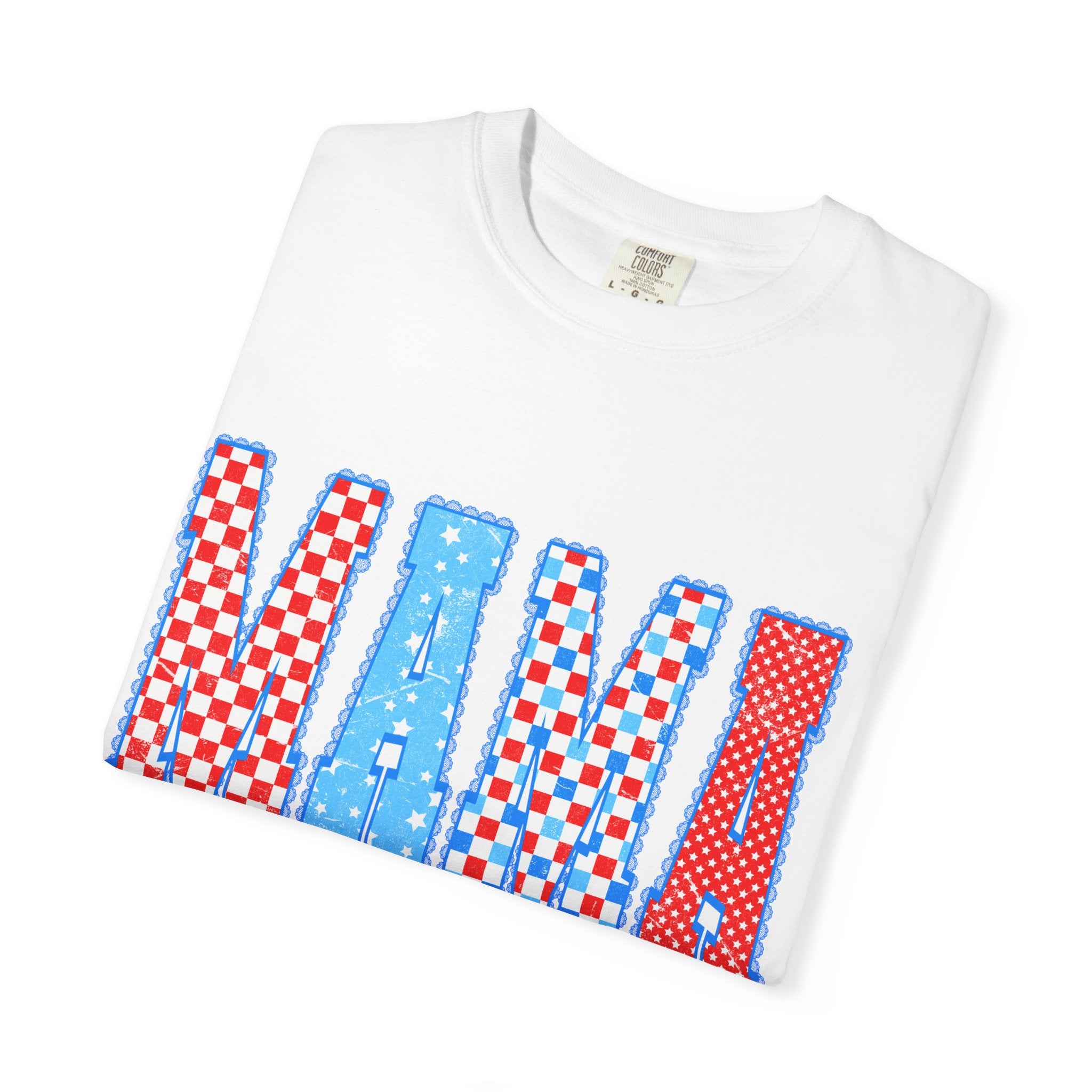 Mama Graphic T-Shirt — Retro Checkered Red & Blue Mom Tee