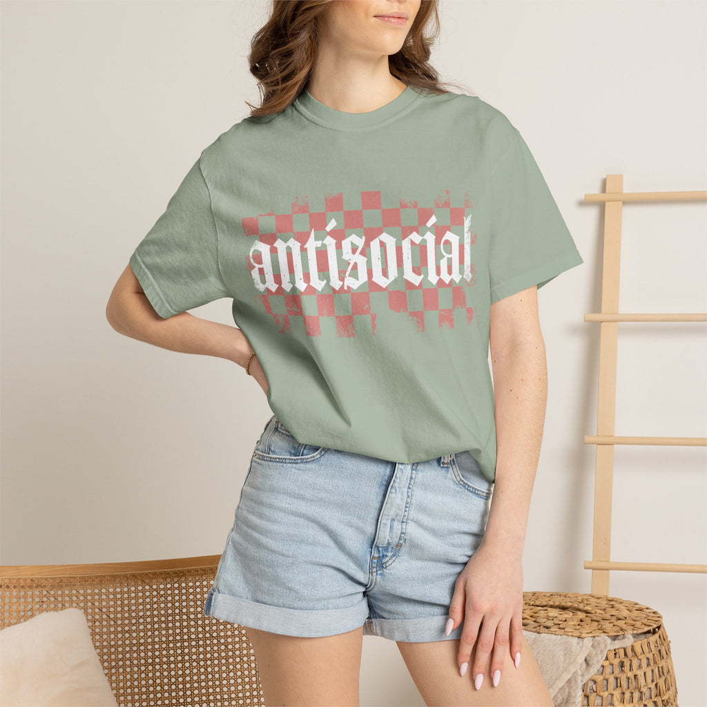 Checkerboard Vintage T-Shirt — Faded Red 'AMERICAN' Graphic