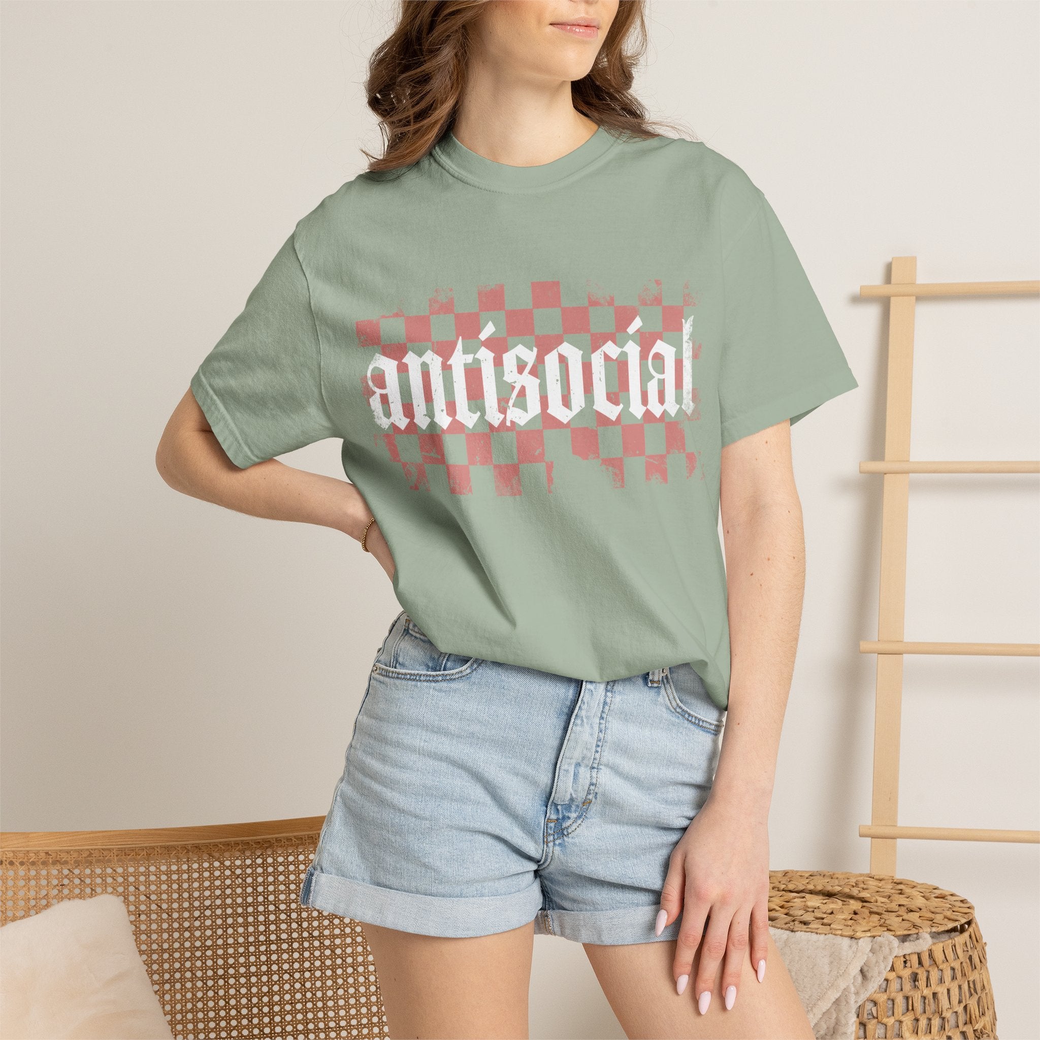 Checkerboard Vintage T-Shirt — Faded Red 'AMERICAN' Graphic
