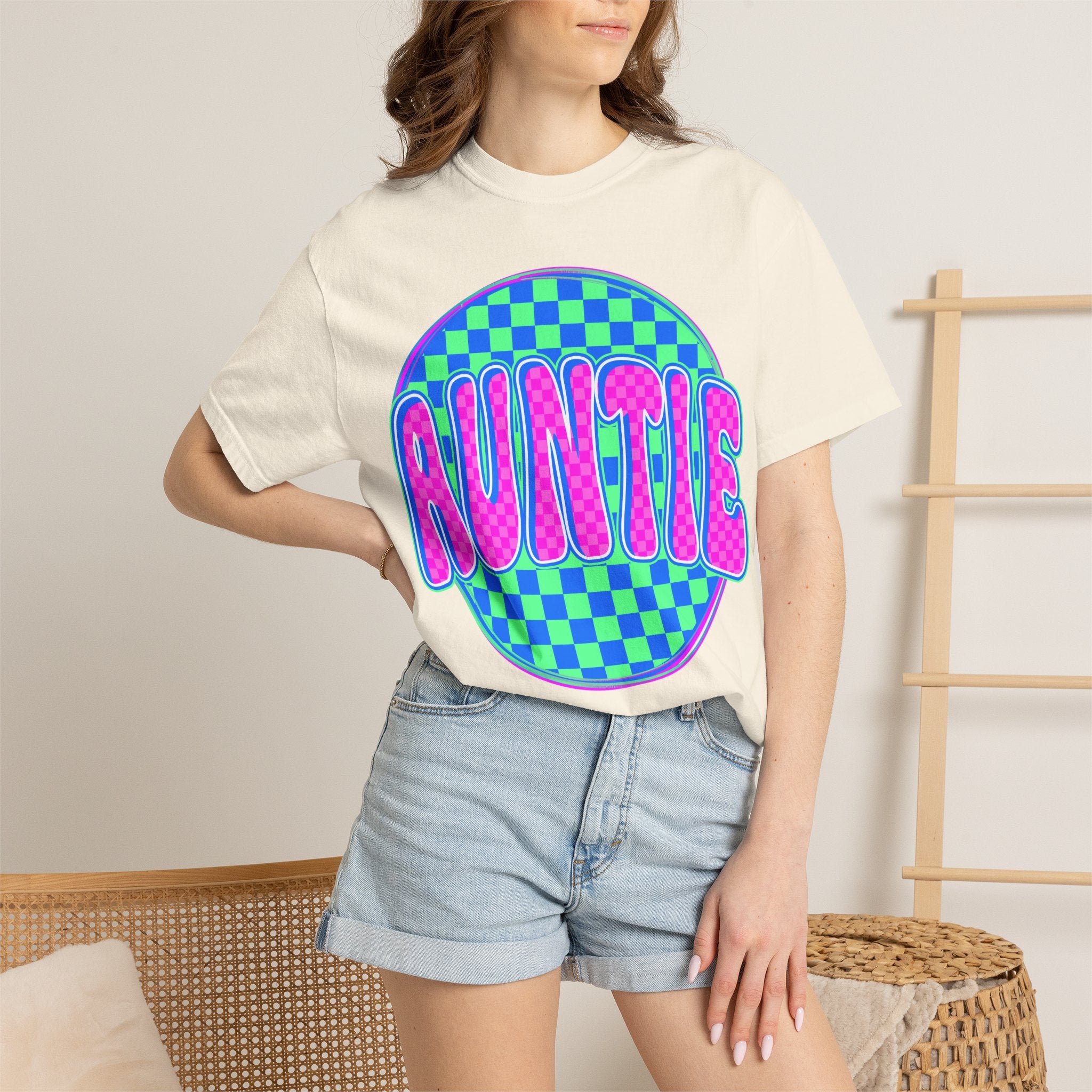 Auntie Checkerboard T-Shirt — Retro Neon 'AUNTIE' Graphic Tee