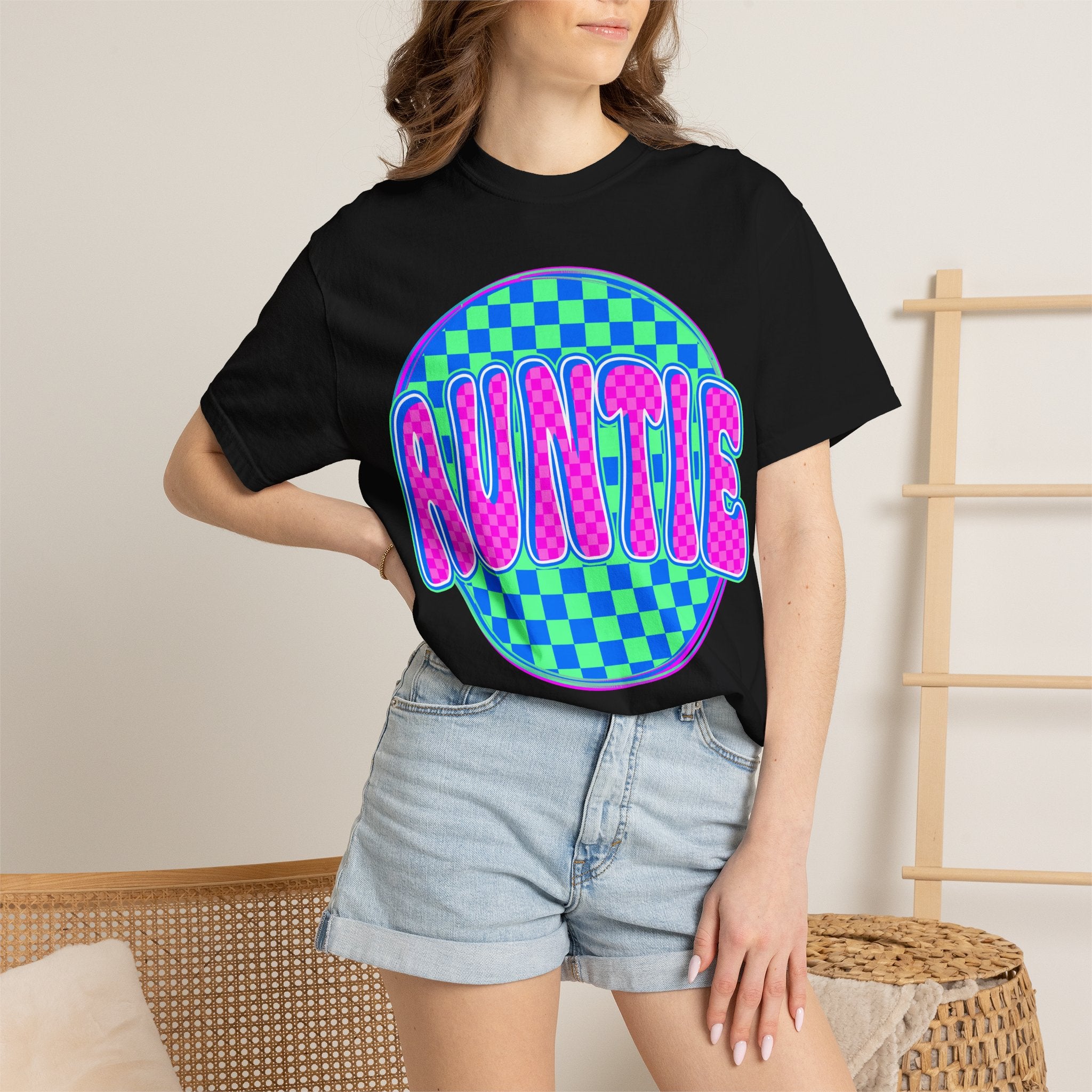 Auntie Checkerboard T-Shirt — Retro Neon 'AUNTIE' Graphic Tee