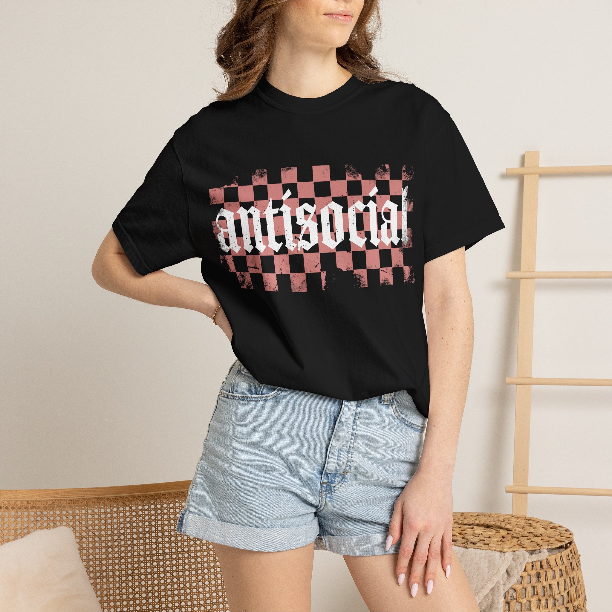 Checkerboard Vintage T-Shirt — Faded Red 'AMERICAN' Graphic