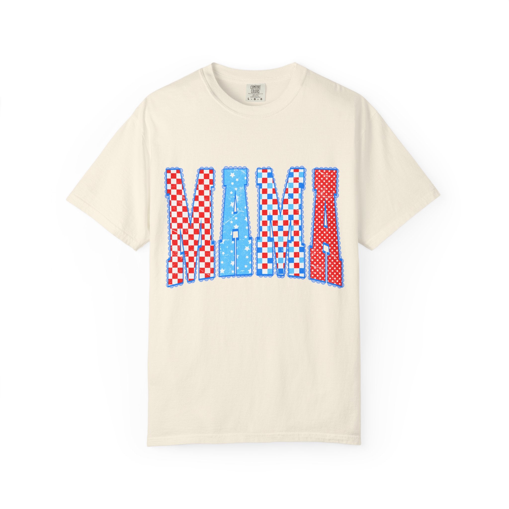 Mama Graphic T-Shirt — Retro Checkered Red & Blue Mom Tee