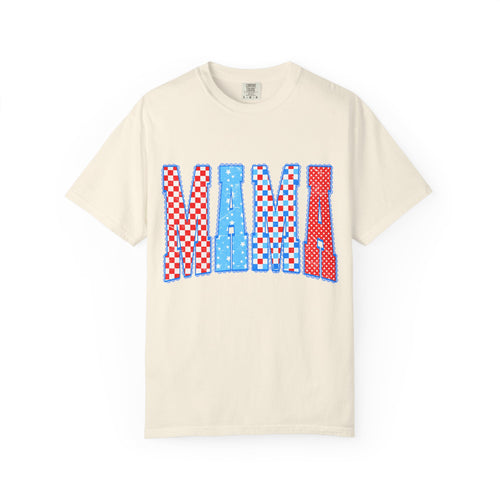 Mama Graphic T-Shirt — Retro Checkered Red & Blue Mom Tee