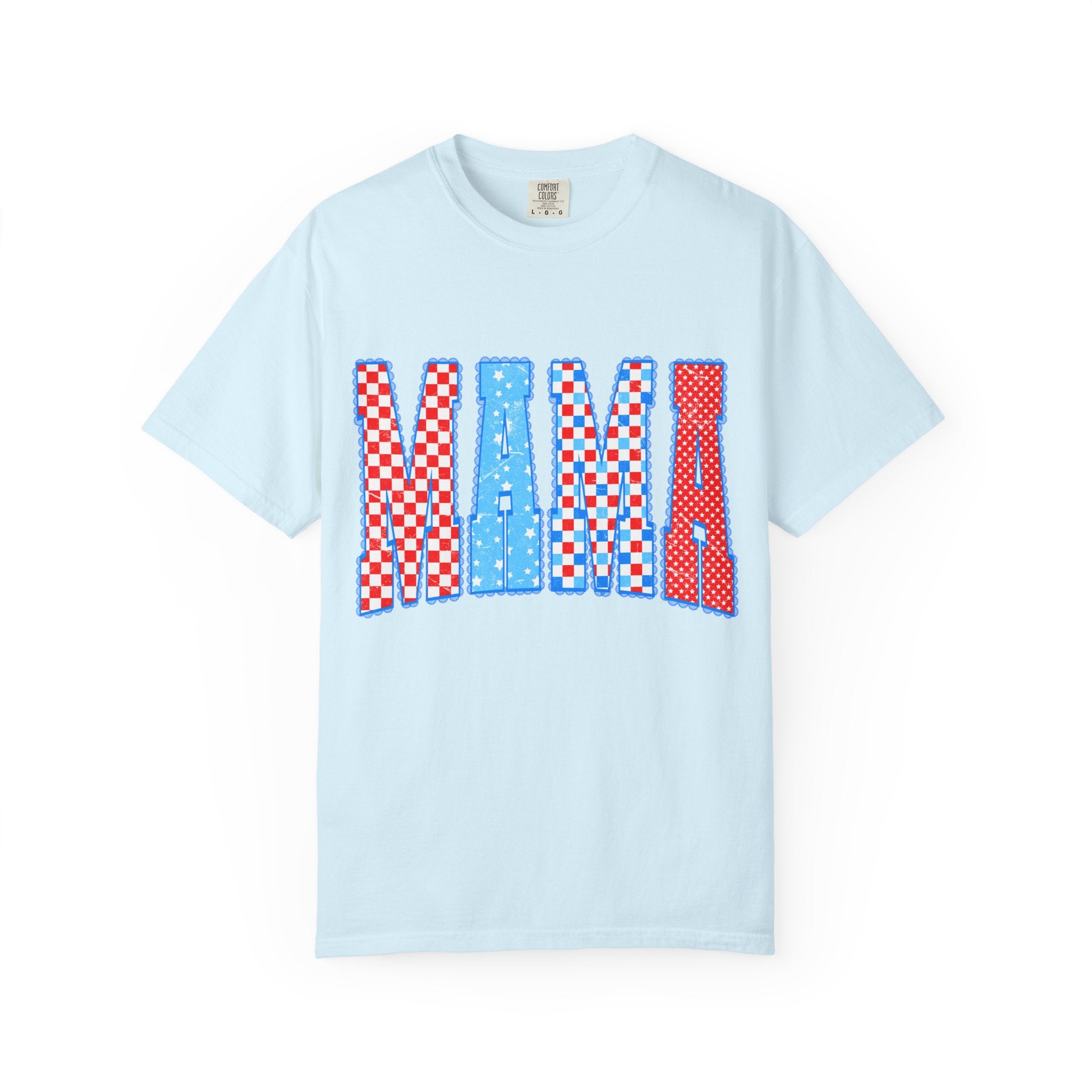Mama Graphic T-Shirt — Retro Checkered Red & Blue Mom Tee
