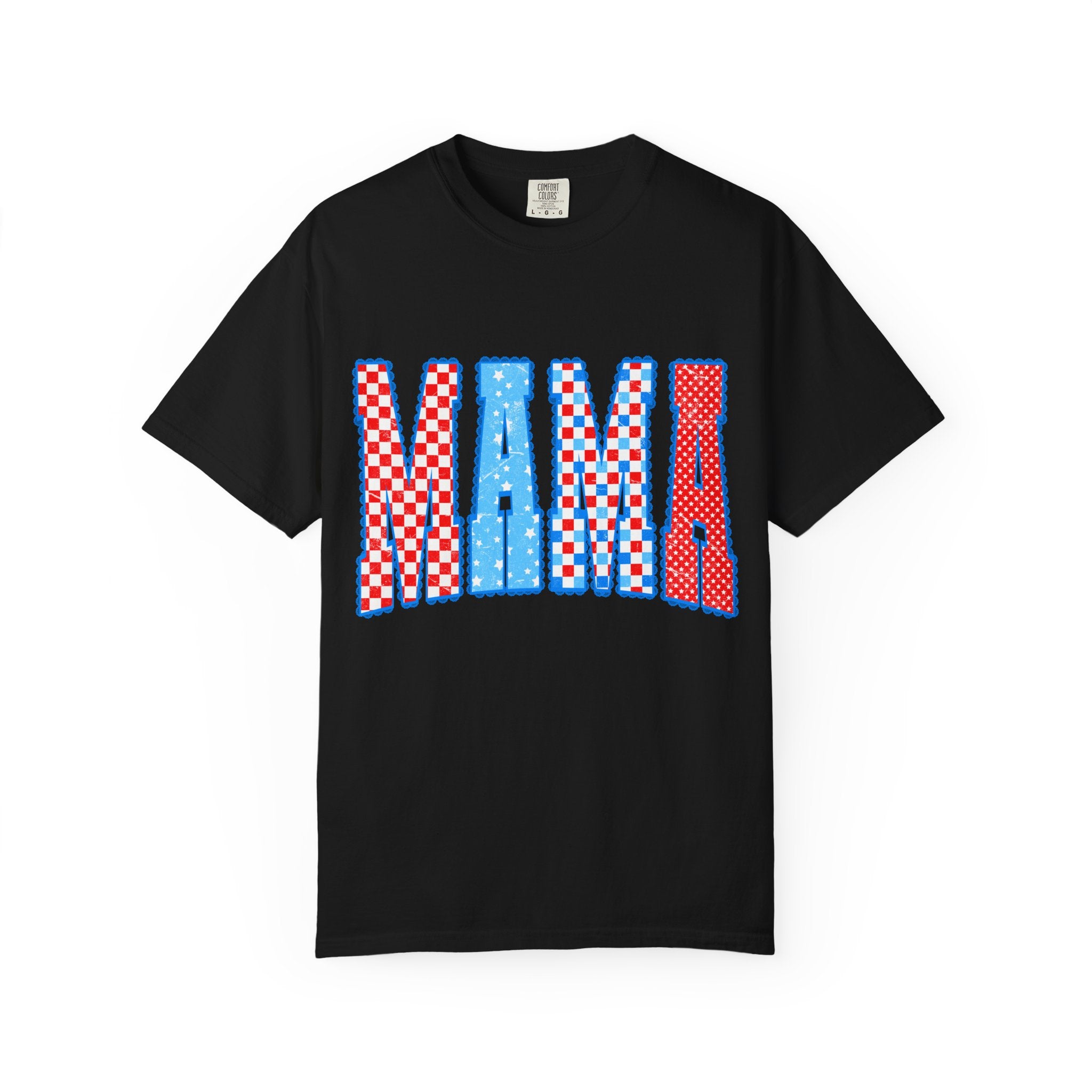 Mama Graphic T-Shirt — Retro Checkered Red & Blue Mom Tee