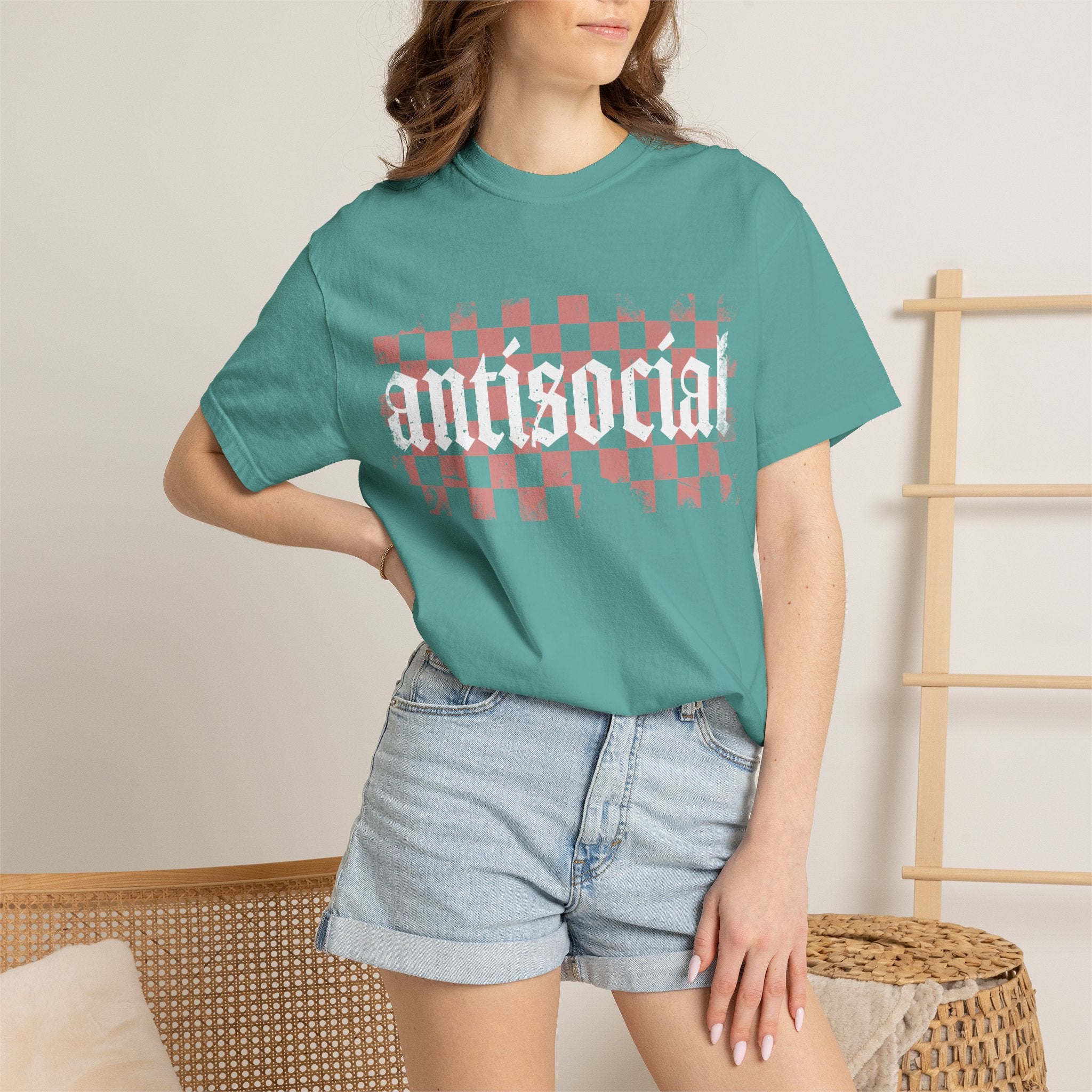 Checkerboard Vintage T-Shirt — Faded Red 'AMERICAN' Graphic
