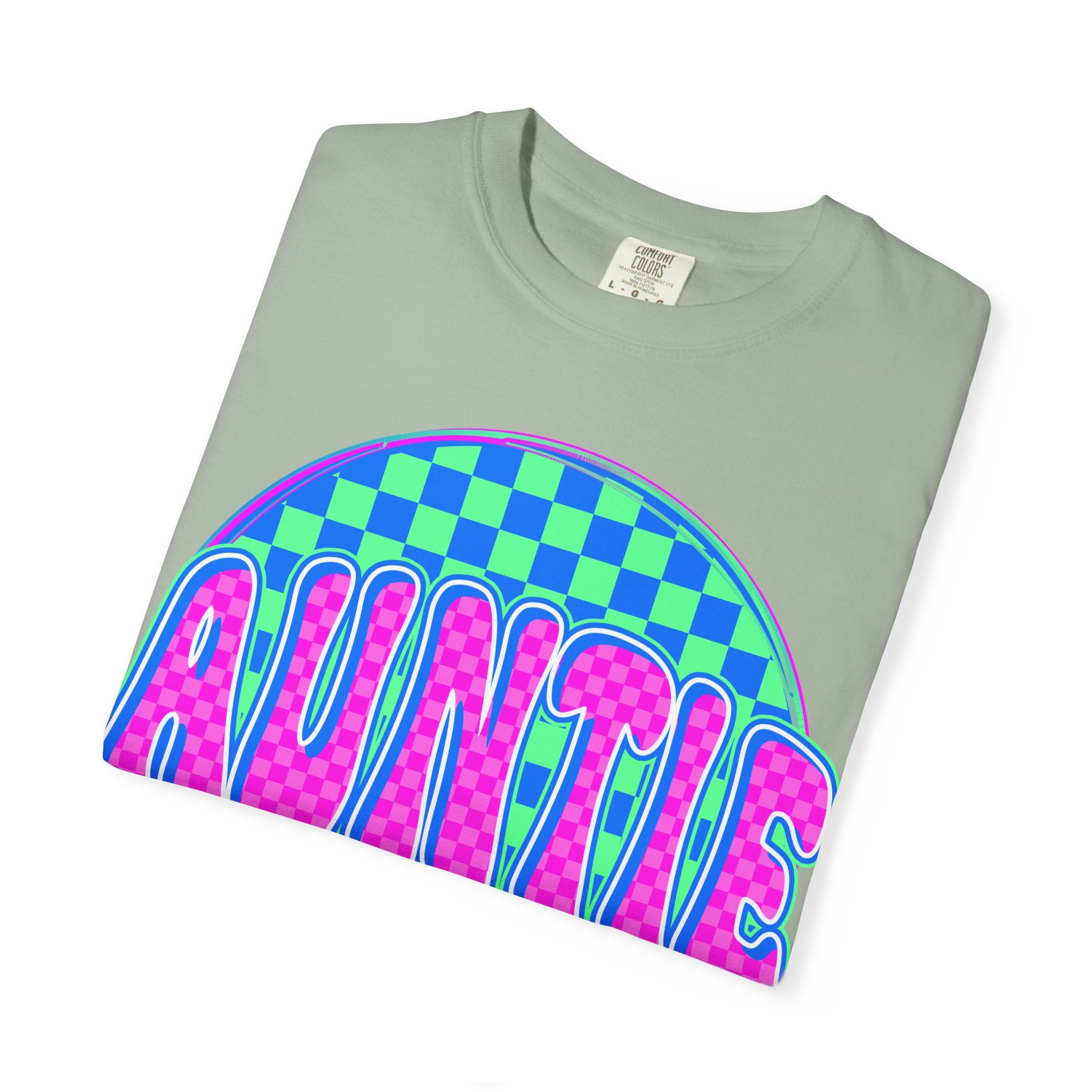 Auntie Checkerboard T-Shirt — Retro Neon 'AUNTIE' Graphic Tee