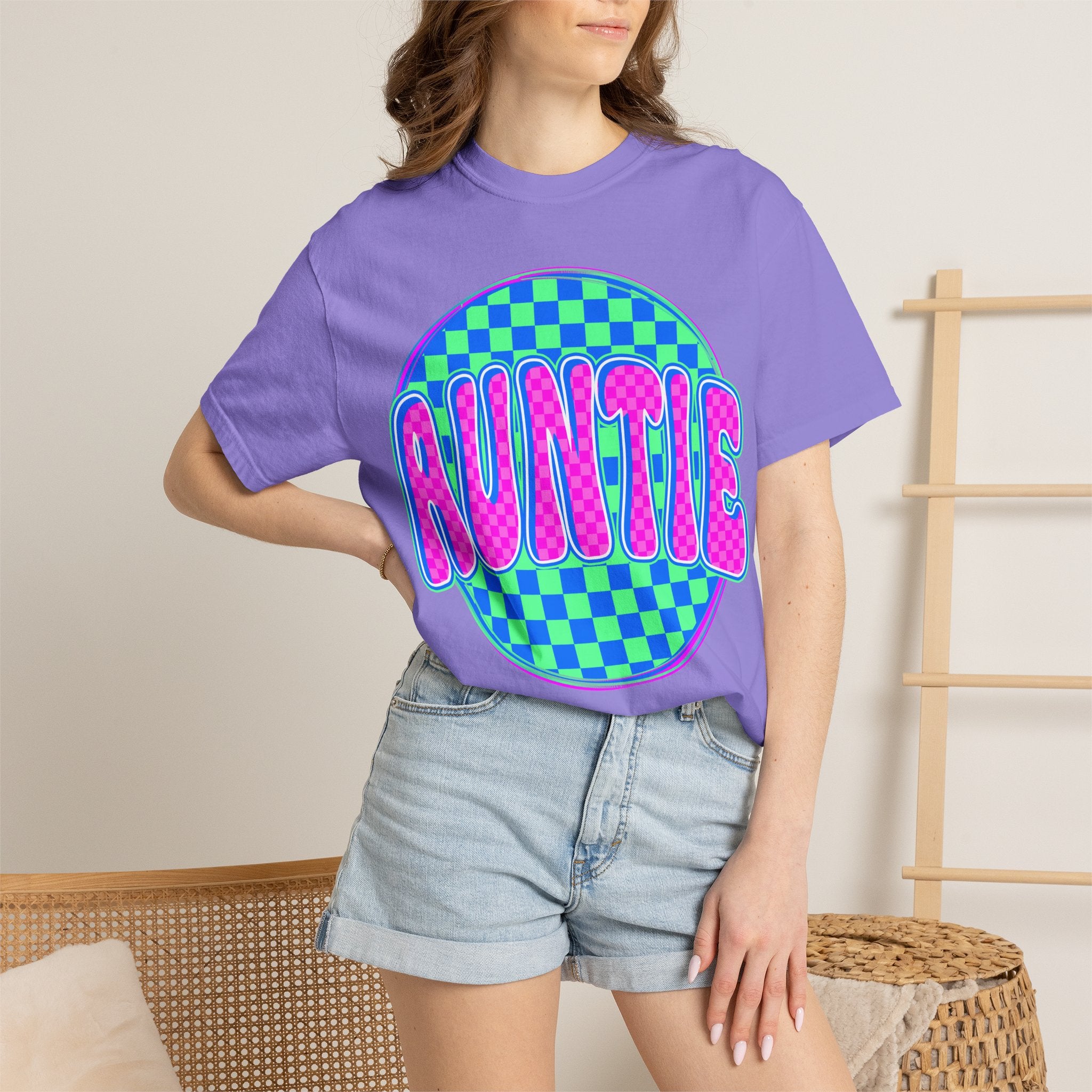 Auntie Checkerboard T-Shirt — Retro Neon 'AUNTIE' Graphic Tee