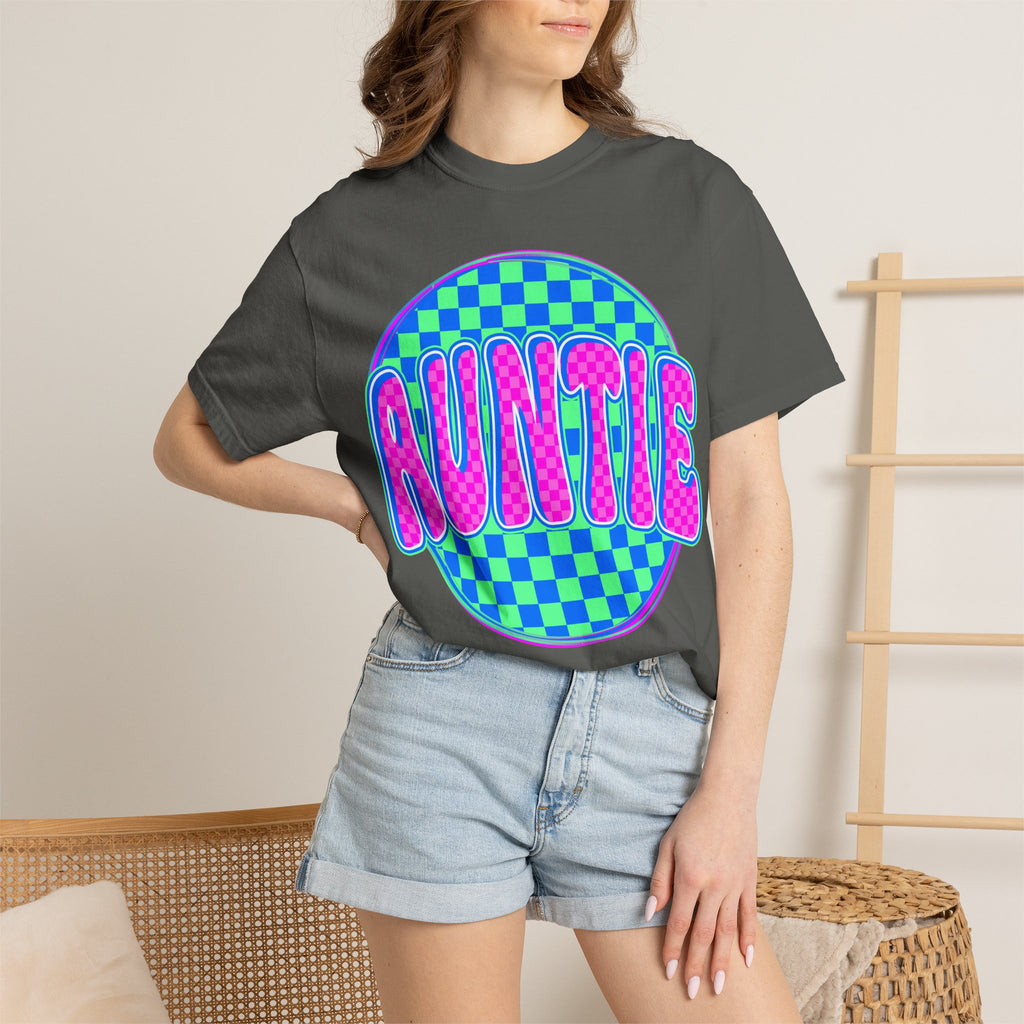 Auntie Checkerboard T-Shirt — Retro Neon 'AUNTIE' Graphic Tee
