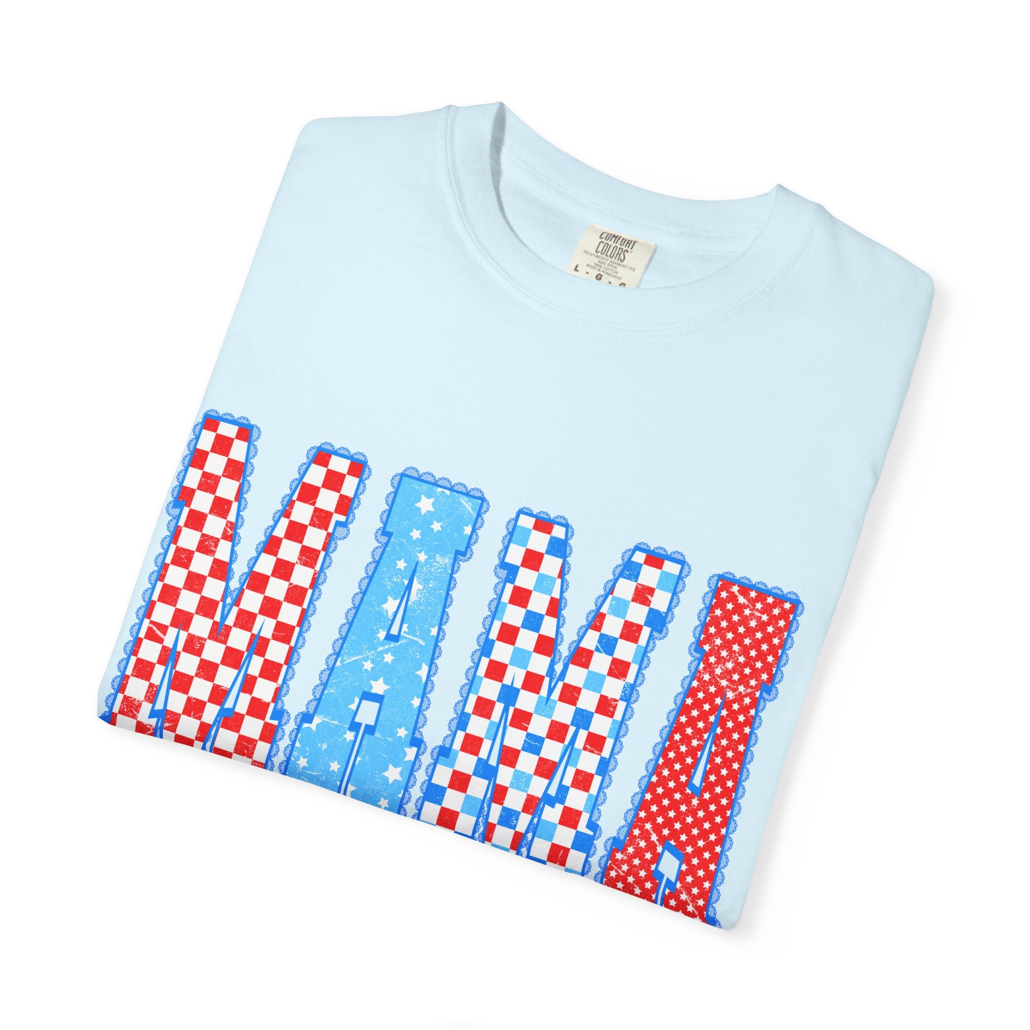 Mama Graphic T-Shirt — Retro Checkered Red & Blue Mom Tee