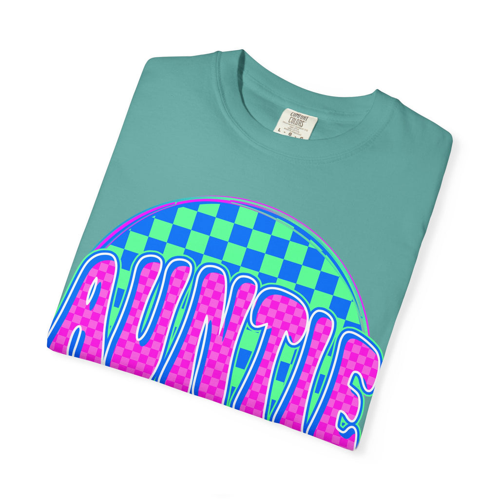 Auntie Checkerboard T-Shirt — Retro Neon 'AUNTIE' Graphic Tee